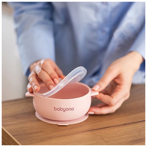 BabyOno tapadókorongos tálka fedővel - rózsaszín