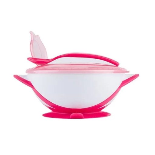 BabyOno tapadókorongos tál kanállal és fedéllel – pink&fehér