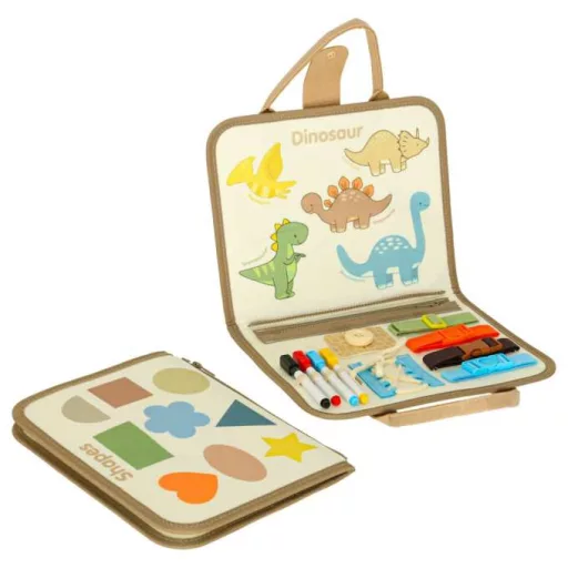 Dínós Montessori + szenzoros fejlesztő táska – 6 az 1-ben manipulációs tábla