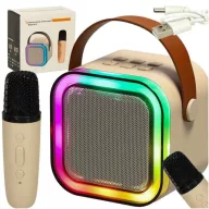   Bluetooth hordozható karaoke szett hangszóróval és vezeték nélküli mikrofonnal - bézs