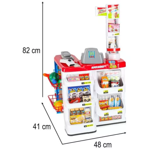 Játék szupermarket bevásárlókocsival és pénztárgéppel